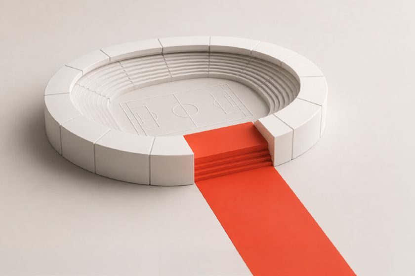 Maquete 3D de um estádio de futebol com um tapete vermelho na entrada